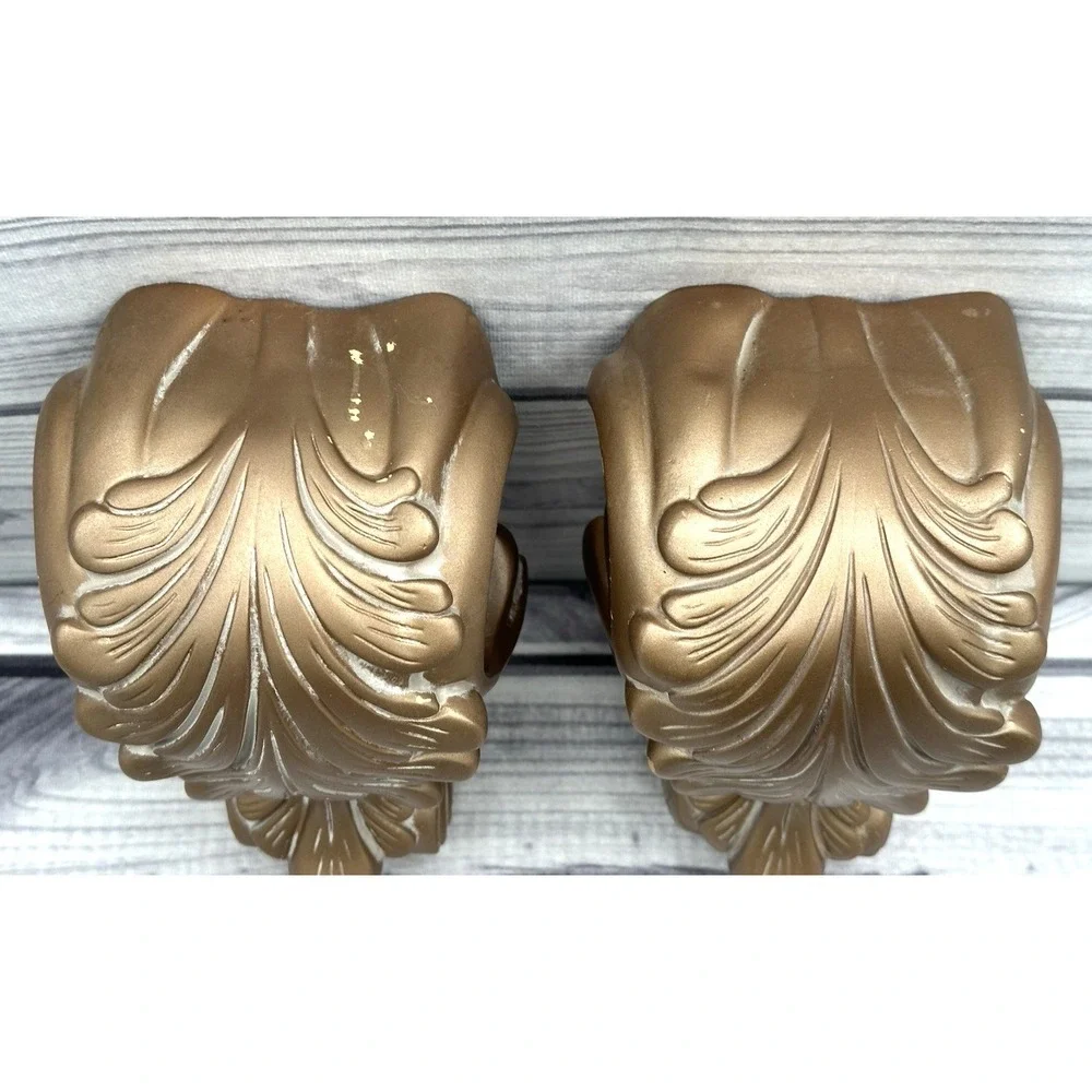 PAIR OF‎ VINTAGE GOLD RESIN WALL CORBEL DRAPERY SCONCES CURTAIN ROD SWAG HOLDERS